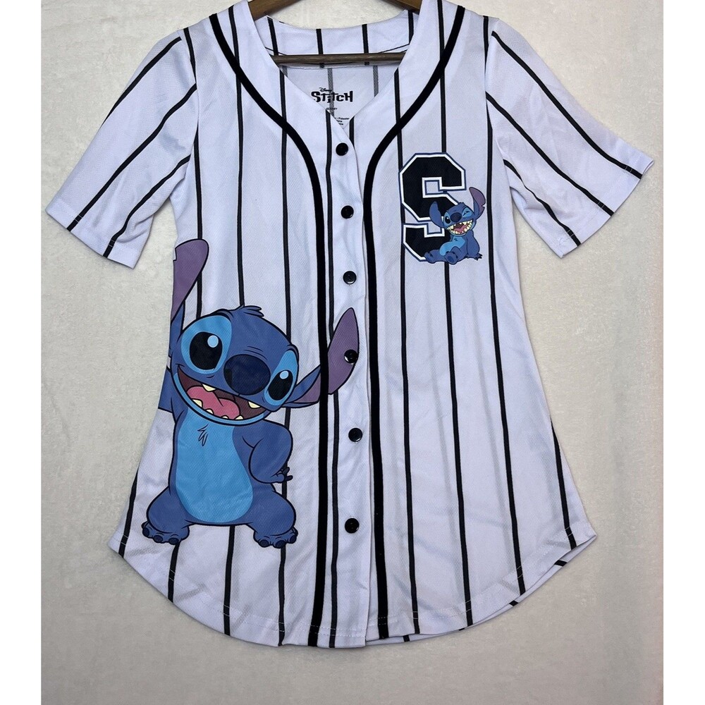 Disney Stitch Women’s Small Baseball Jersey White Black Striped Button Up